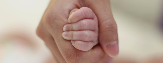 Parent holding newborn childs hand