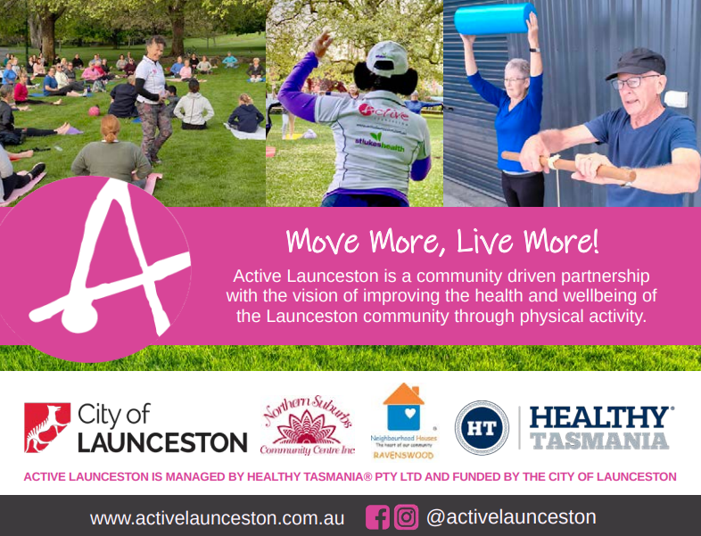 Active Launceston poster image displaying supporting partners logos: City of Launceston, Northern Suburbs Community Centre Inc., Neighbourhood Houses Ravenswood,, Healthy Tasmania.