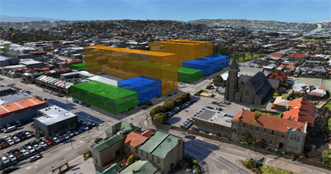 A digital representation of proposed building envelopes in Precinct A. The yellow box represents a 30m-high building envelope, blue 15m and green 12m. Overview looking south-west along York Street